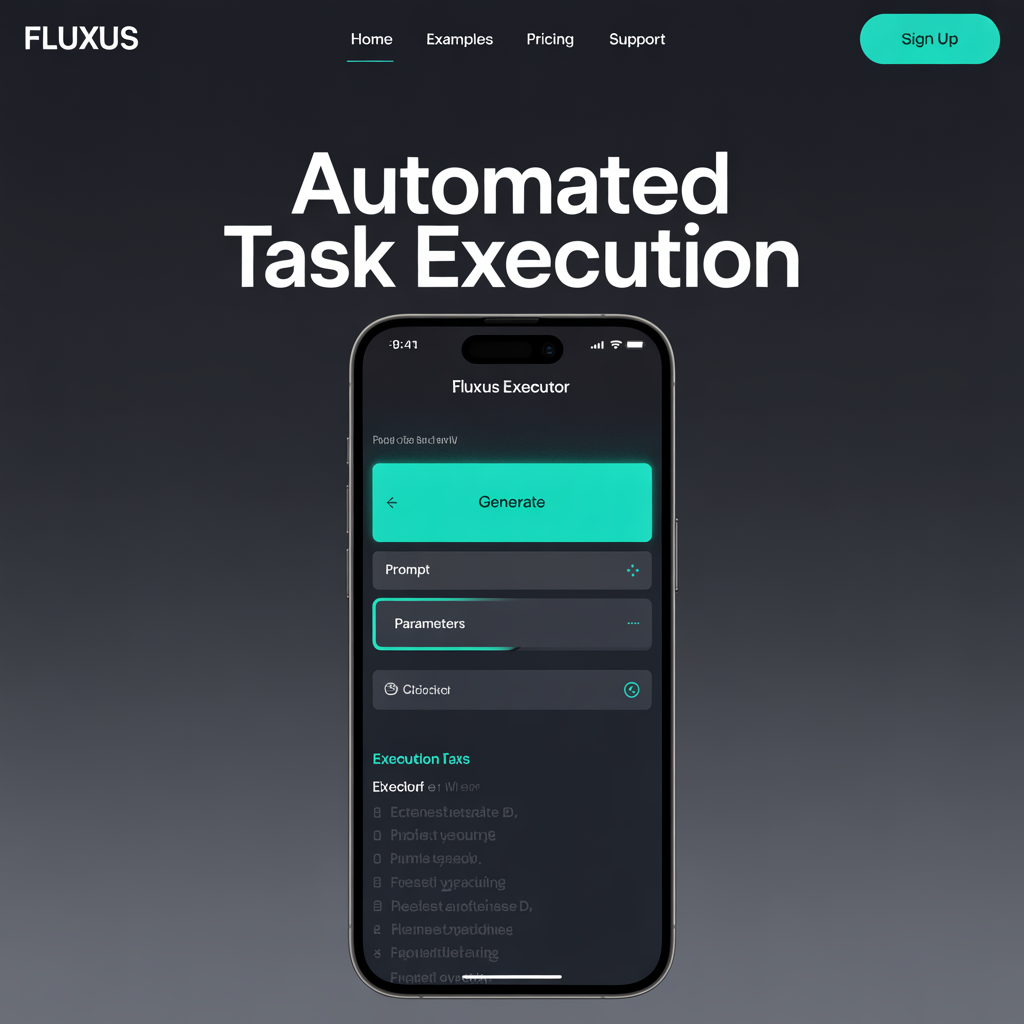the Fluxus Executor iOS mobile app that has a dark theme with a button labeled Generate and task parameters.